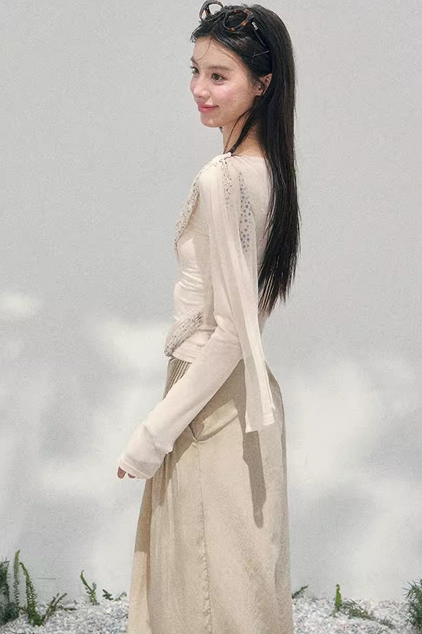 Sheer Rhinestone Slim-Fit Top Set