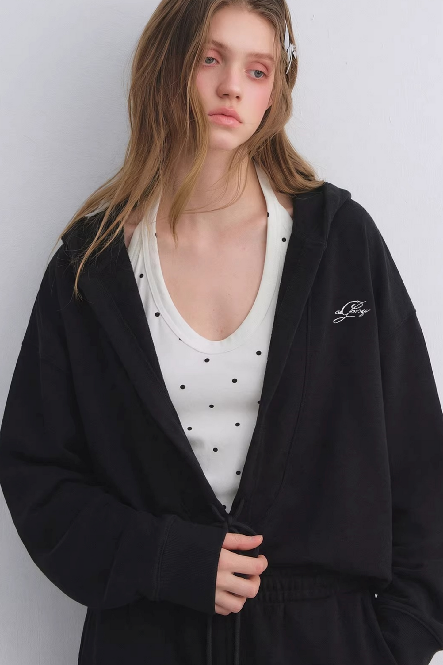 Polka Dot Hooded Vest Sweatshirt Set-Up