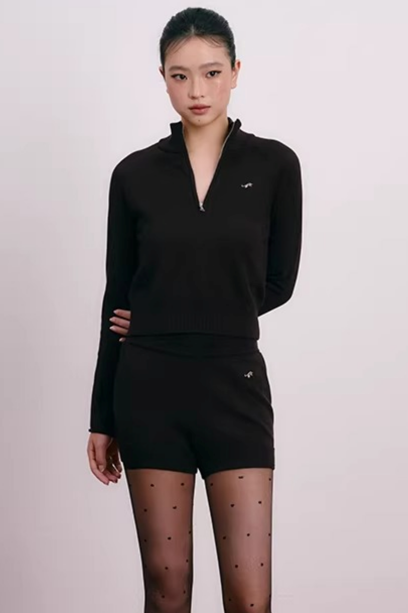 Cherry Embroidery Half-Zip Top Set