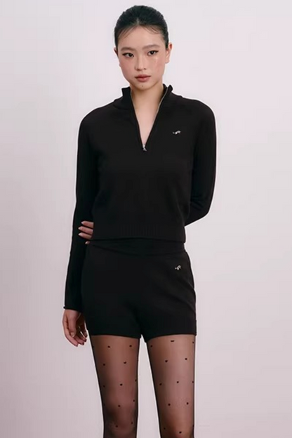 Cherry Embroidery Half-Zip Top Set