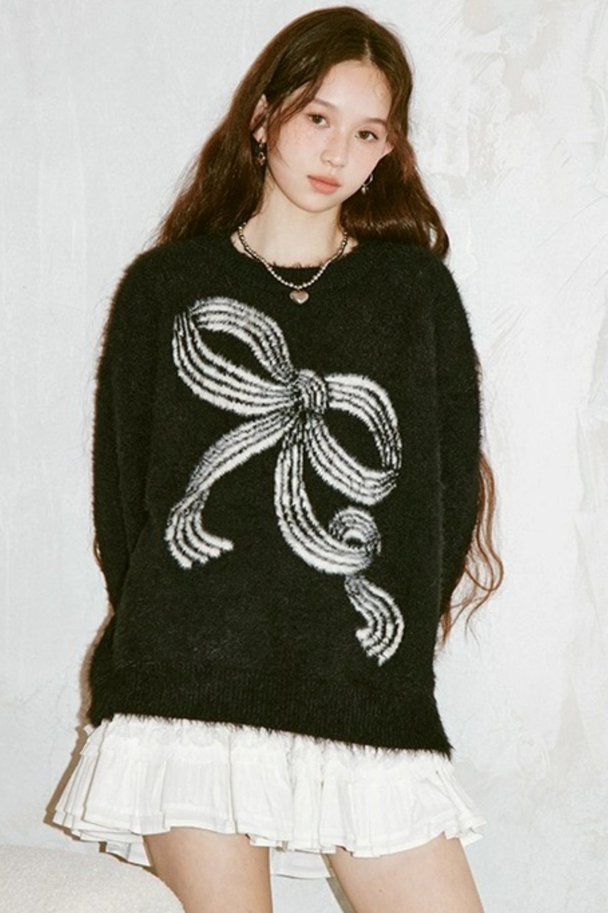 Striped Bow Faux Mink Sweater