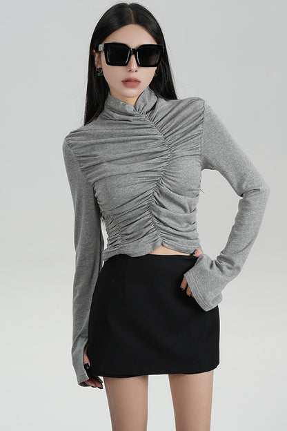 SRYSAME's fashionable design, pleated high-waisted base layer, T-shirt, long-sleeved top, autumn new women's wear