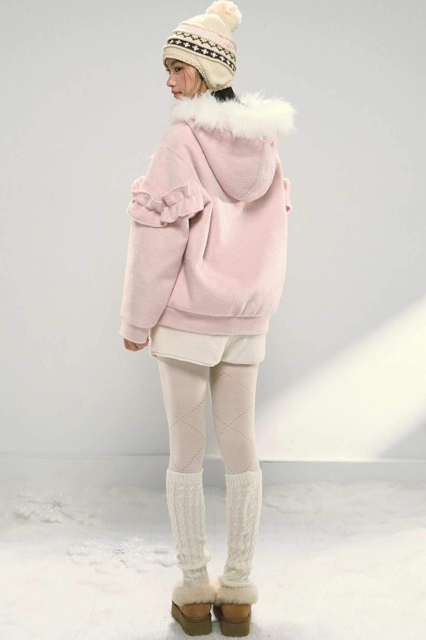 Pink Lace Fur Hooded Tweed Jacket