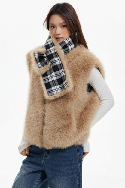 Plaid Lined Fur Vest Reversible Jacket