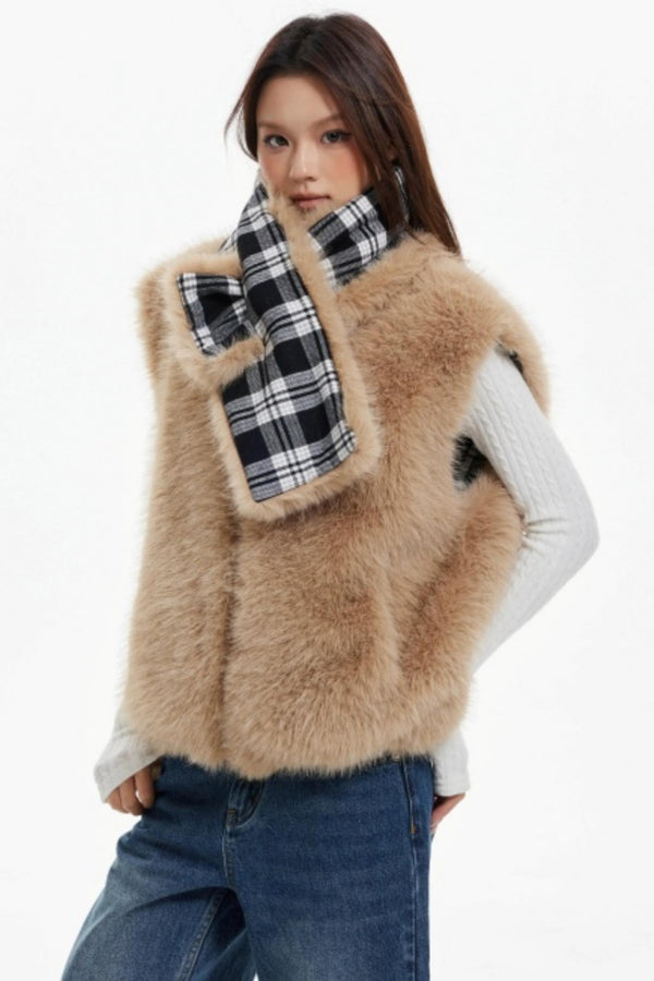 Plaid Lined Fur Vest Reversible Jacket