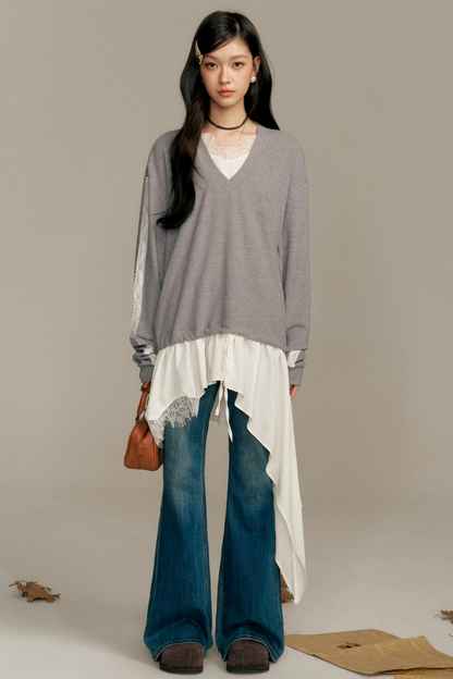 Asymmetric Hem V-Neck Sweatshirt