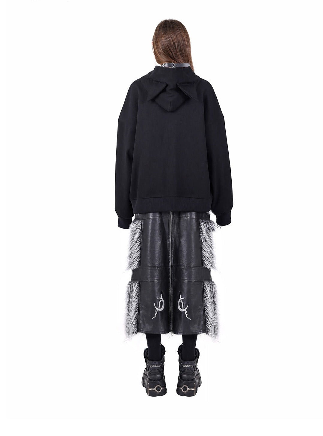 Double Zipper Black Silver Y2K Fur Skirt