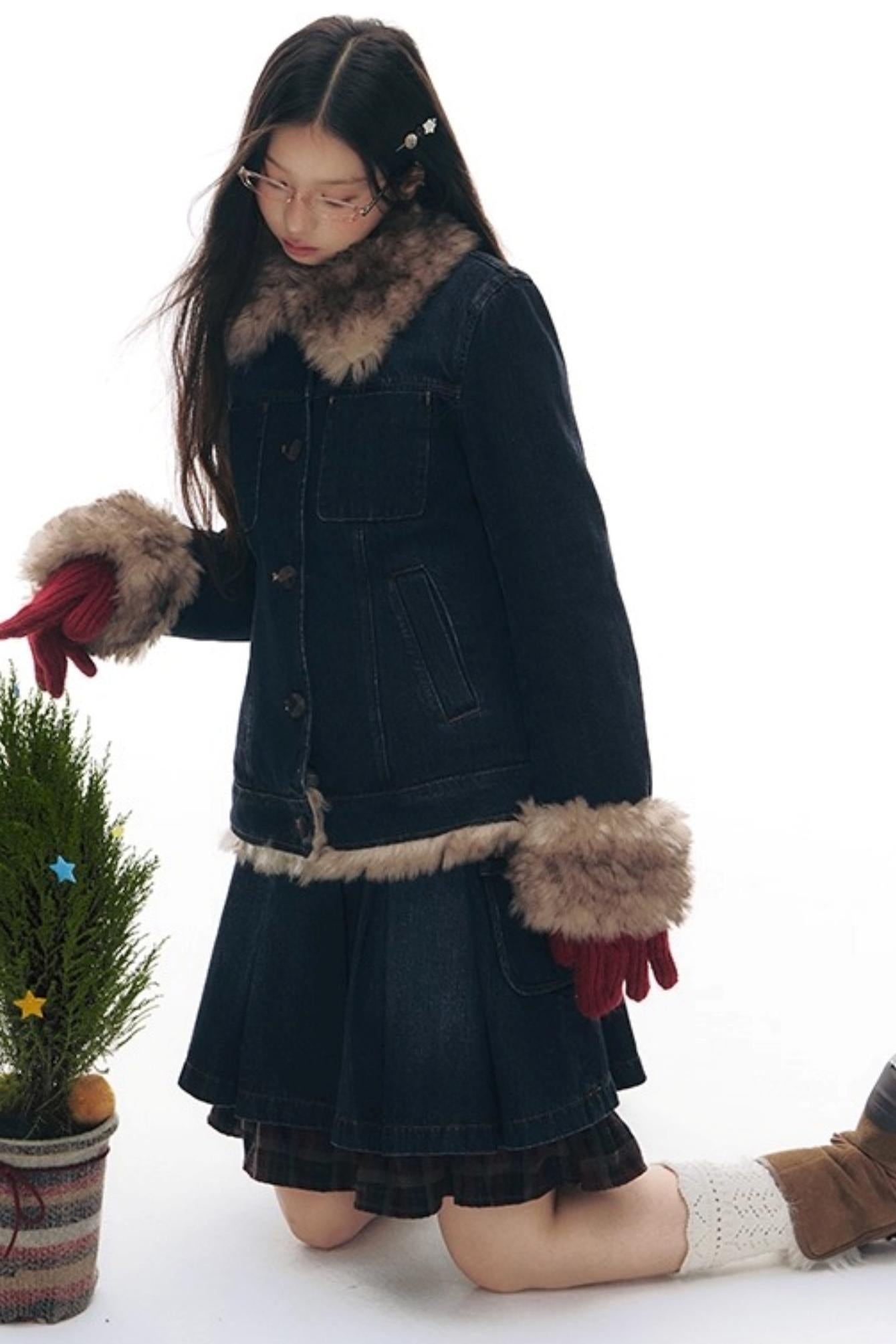 Detachable Fur Collar Denim Jacket Set-Up