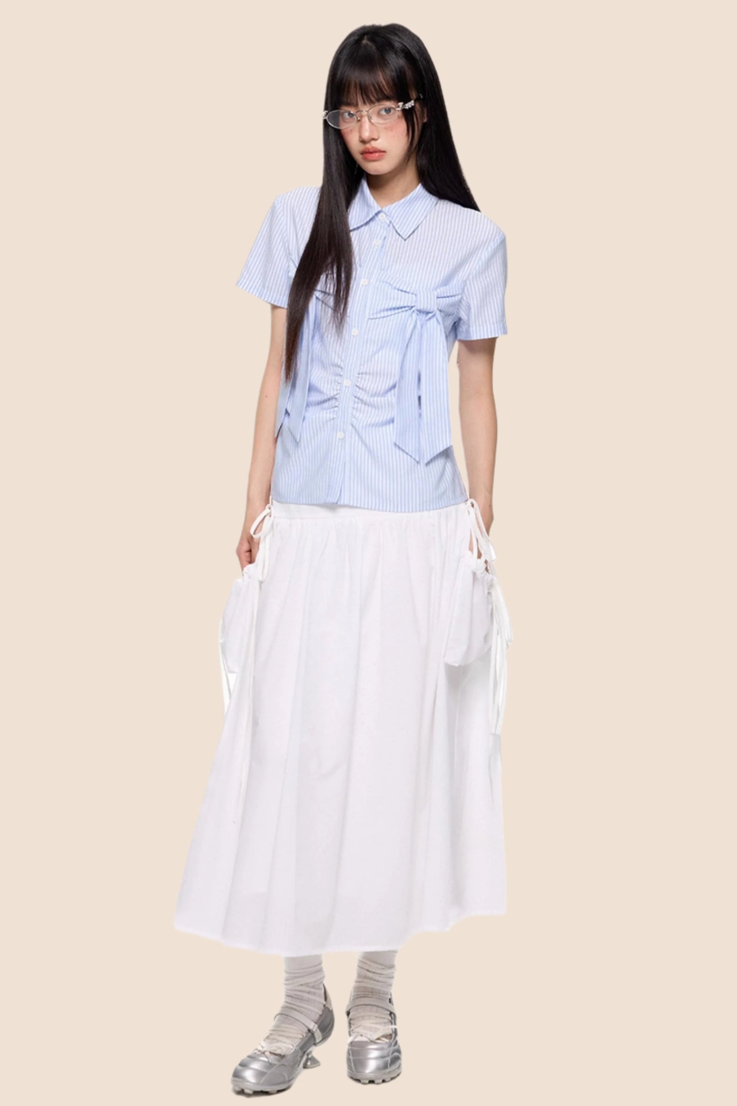 Light Blue Striped Bow Blouse