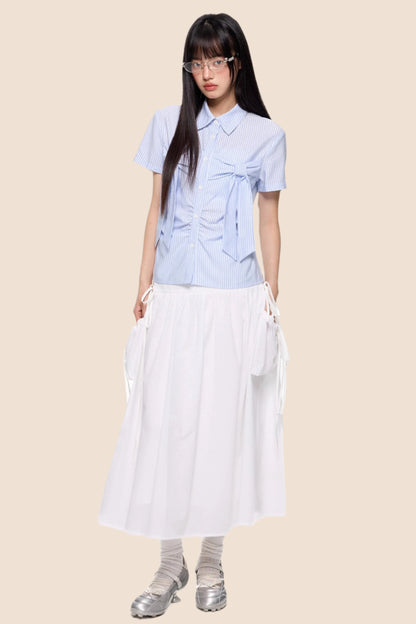 Light Blue Striped Bow Blouse