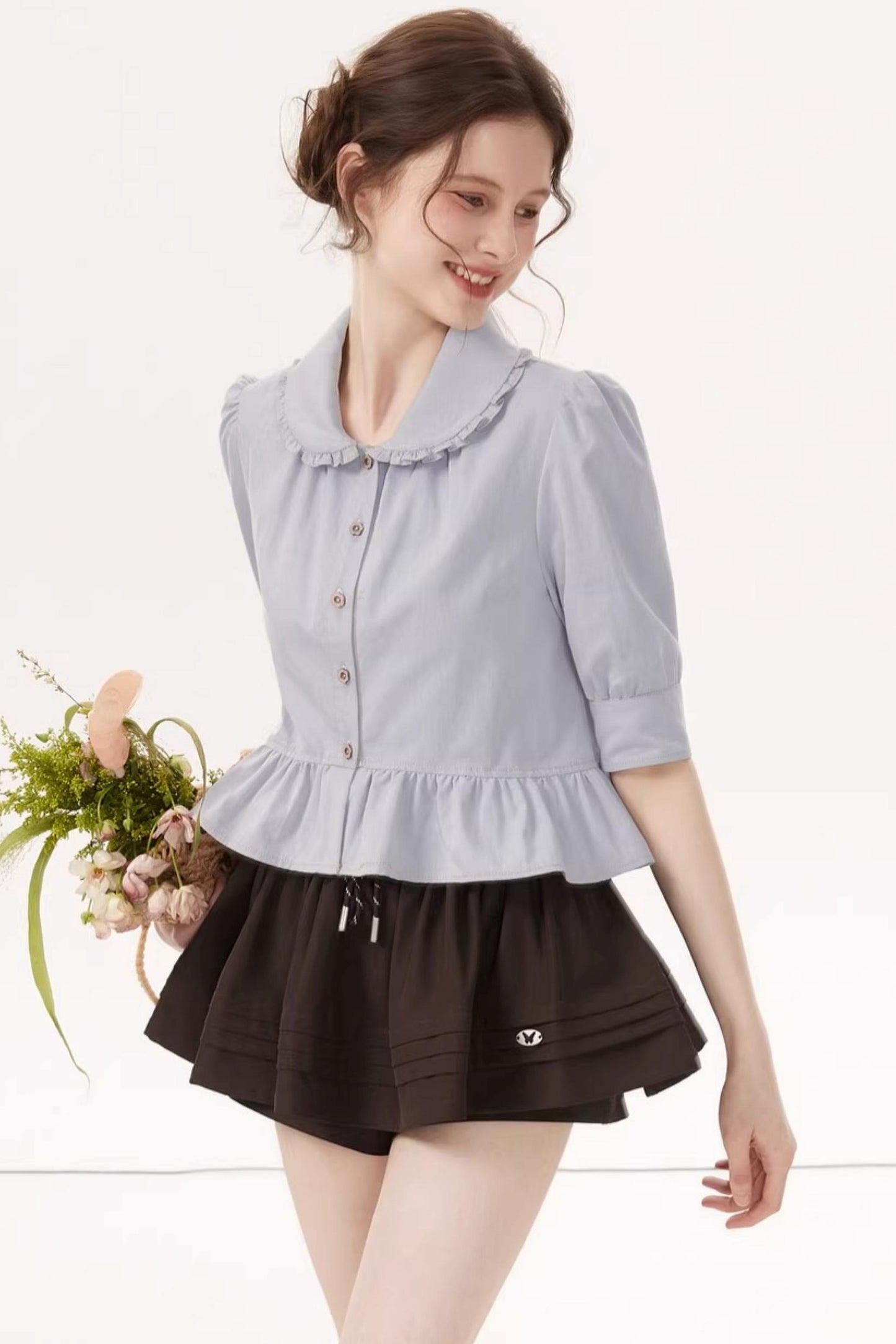 French Blue Ruffle Top