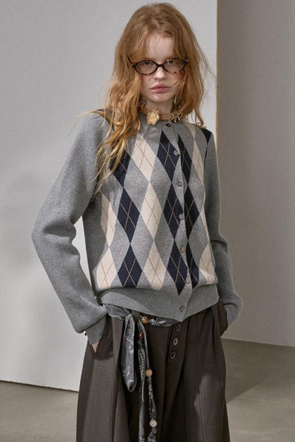 Retro Diamond-Pattern Knit Top