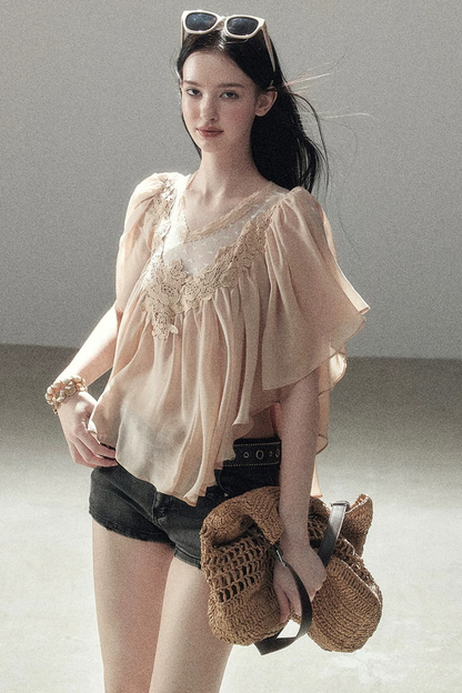 Lace Chiffon Ruffle Top