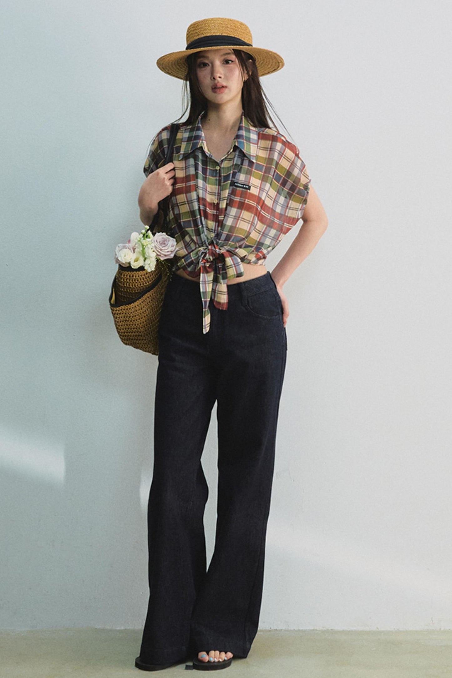 Plaid Tie Top & Midi Skirt Set-Up