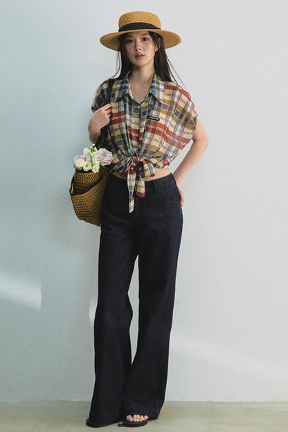 Plaid Tie Top & Midi Skirt Set-Up