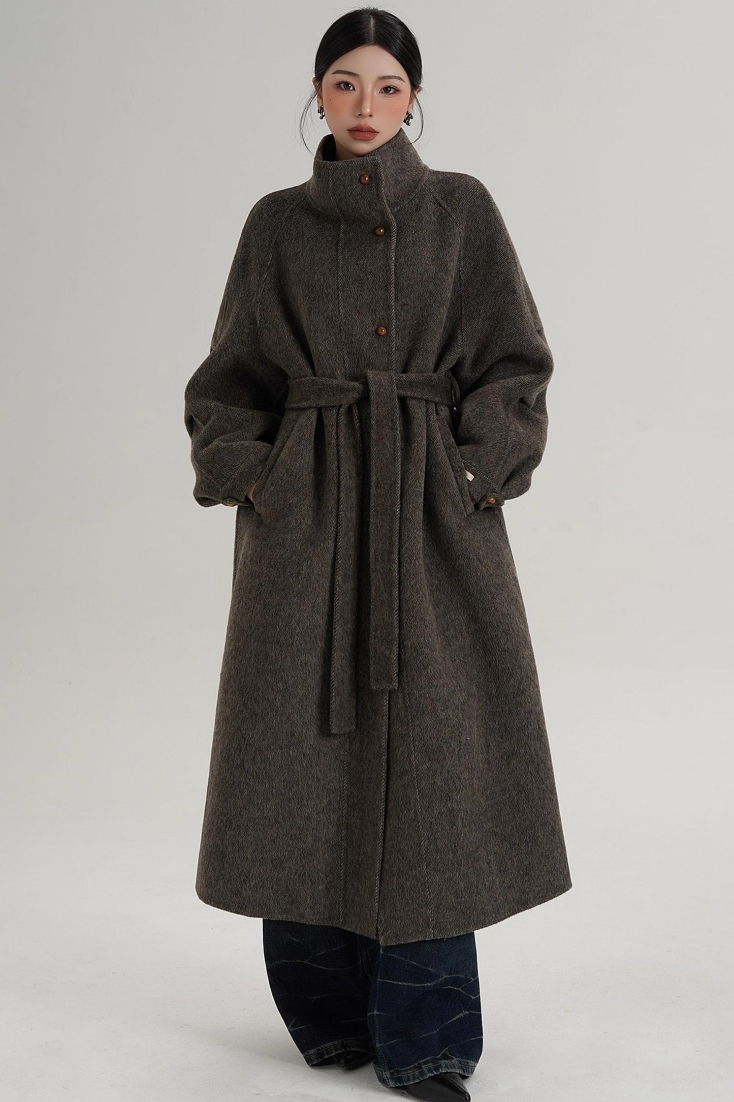 Elegant High-Neck Long Wool Coat