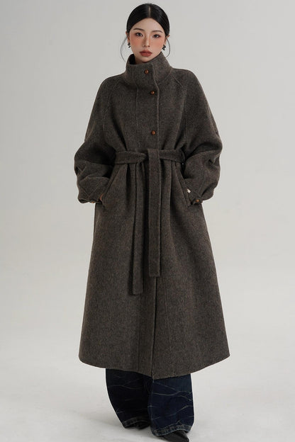 Elegant High-Neck Long Wool Coat