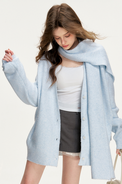 Cloudy Stroll Wool Cardigan Scarf Set