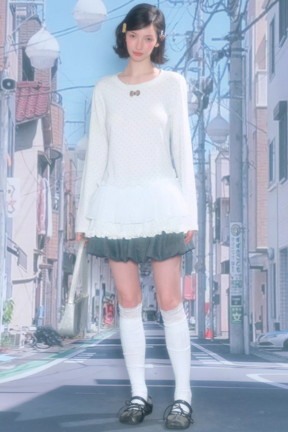 Lace Pleated Polka Dot Top