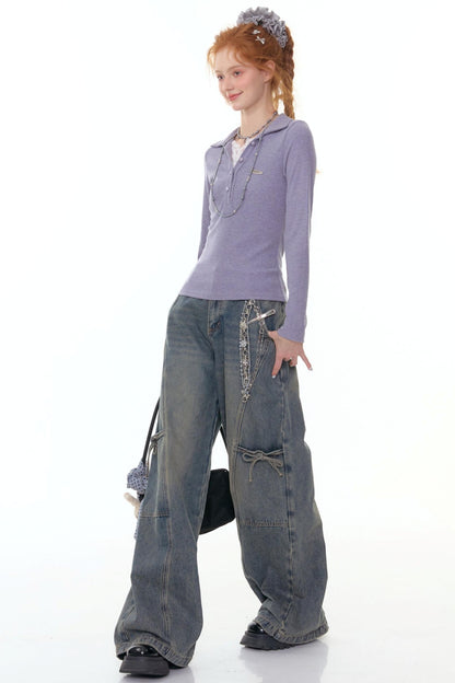 American Lace Polo Collar Knit Top