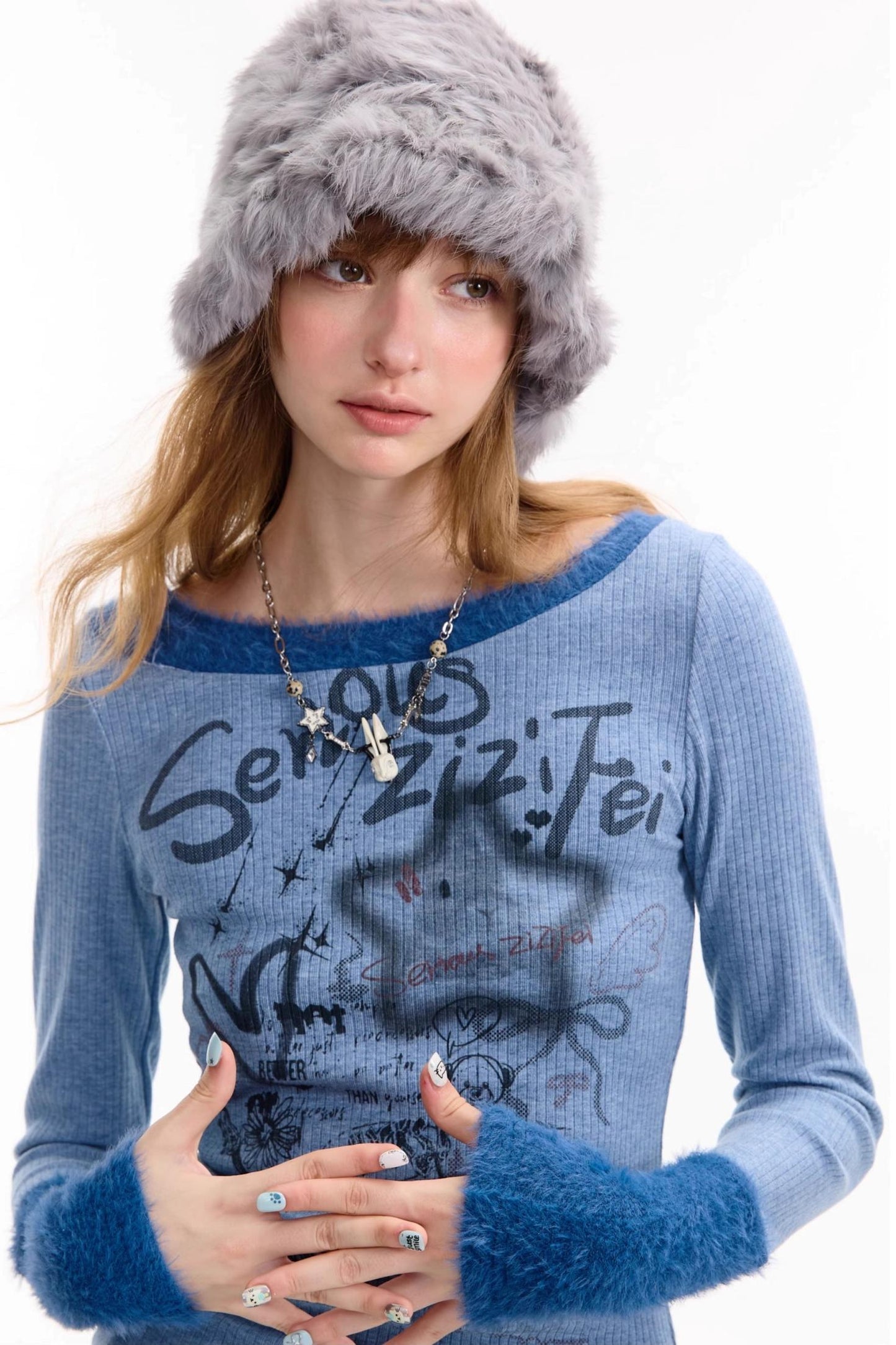 Patchwork Plush Crew Neck Knitted Base Shirt