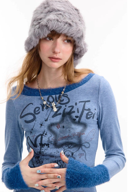 Patchwork Plush Crew Neck Knitted Base Shirt