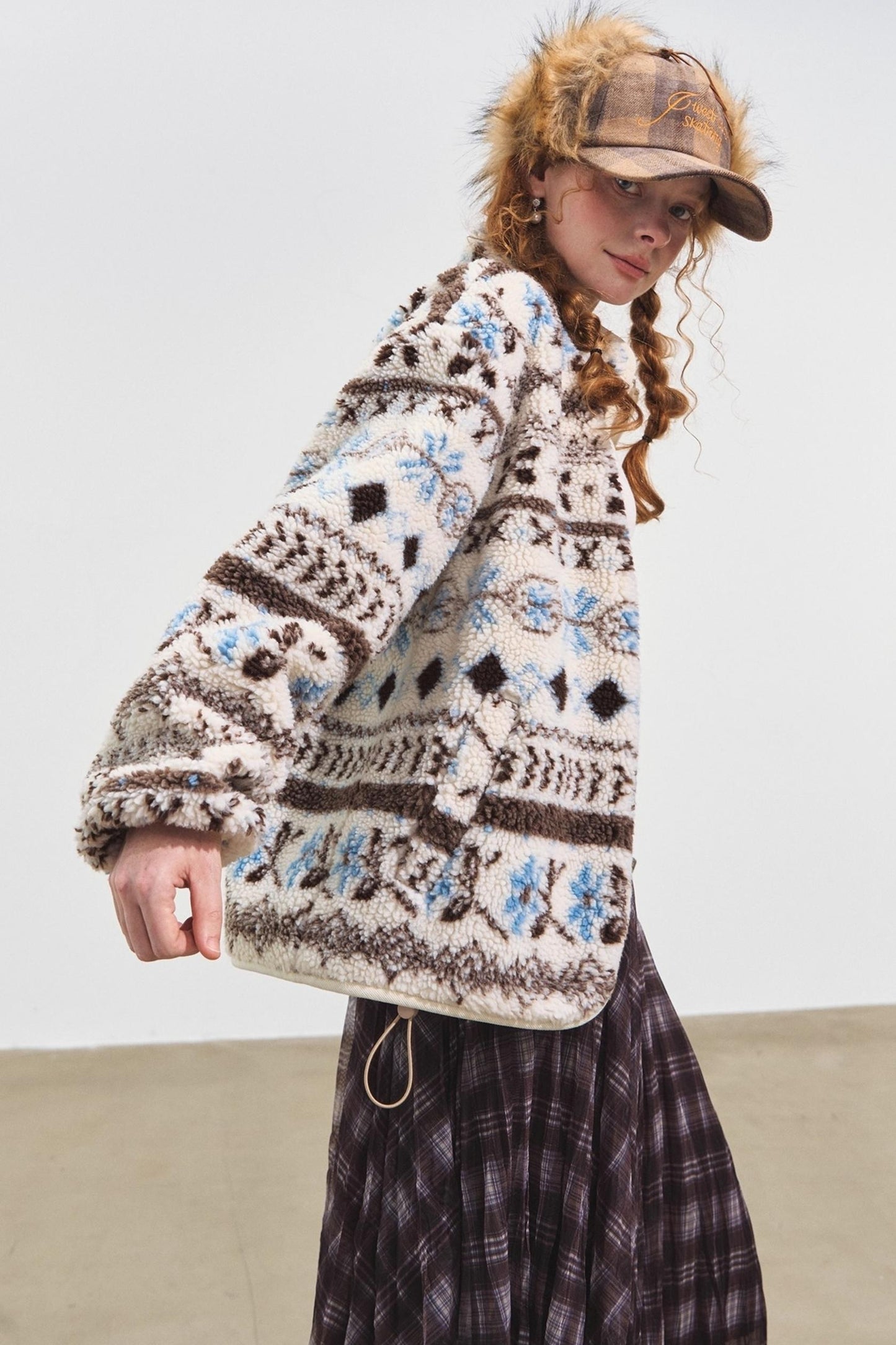 Fleece Jacquard Stand-Up Collar Coat