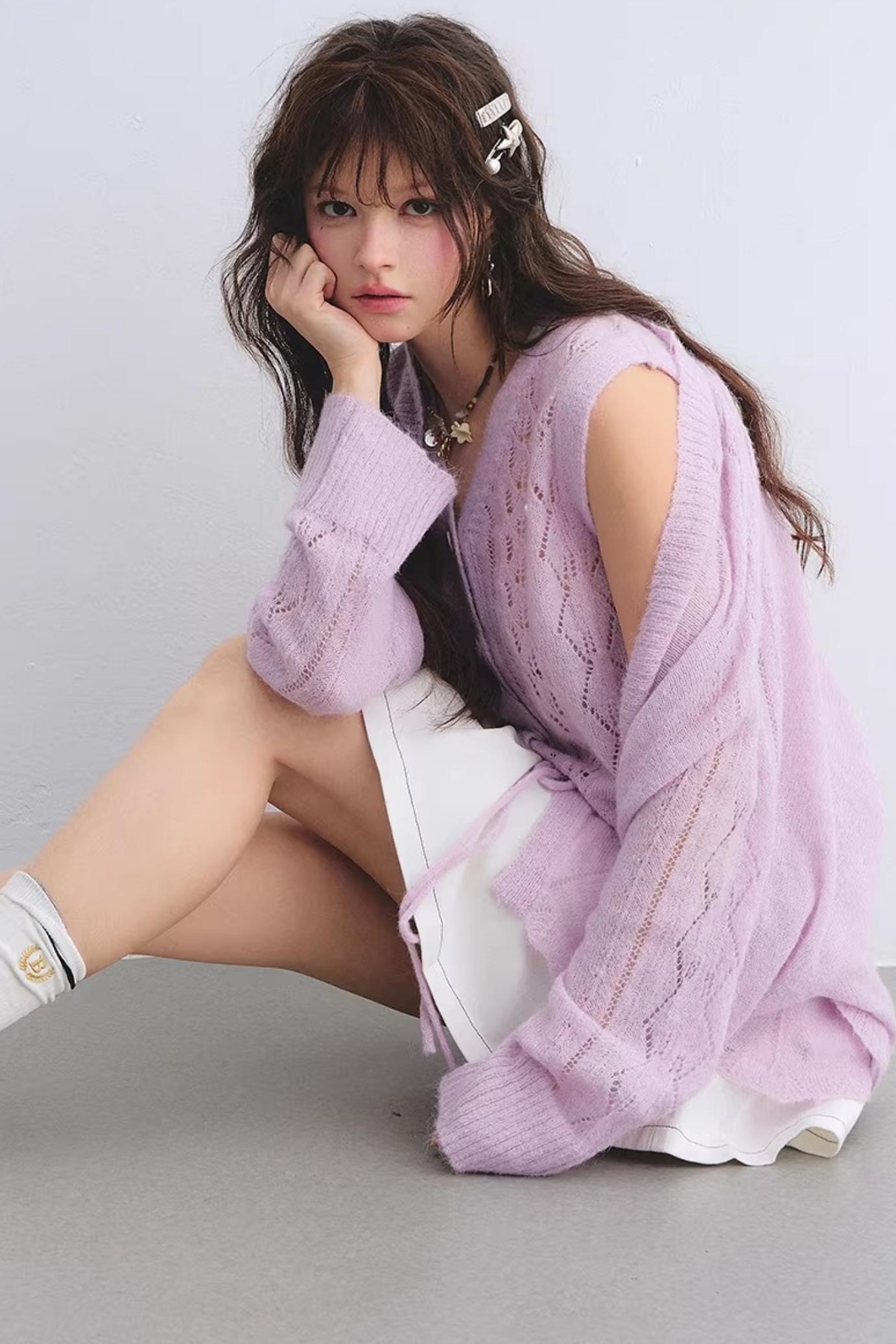 Mohair Purple Cut-Out Cardigan Set-Up