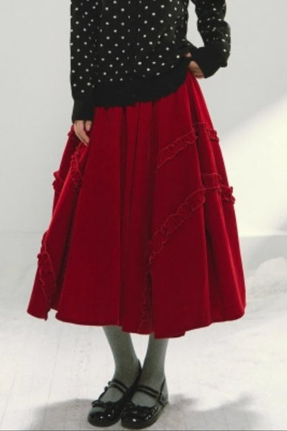 Red Velvet Ruffled Skirt