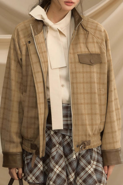 Stand Collar Plaid Woolen Jacket