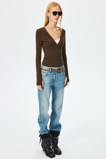 Narrow Suede Cowhide Brown Belt