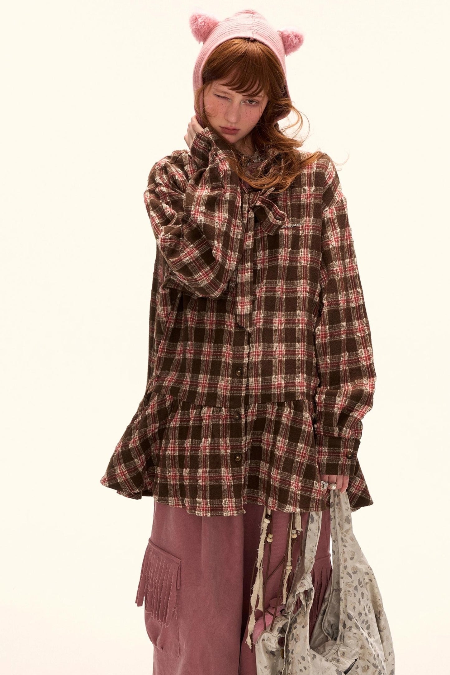 Bow Plaid Shirt Dress