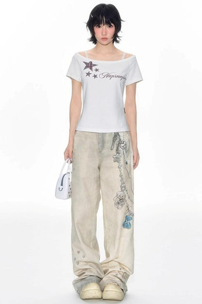 Hand-Painted 3D Printed Womens Wide-Leg Pants