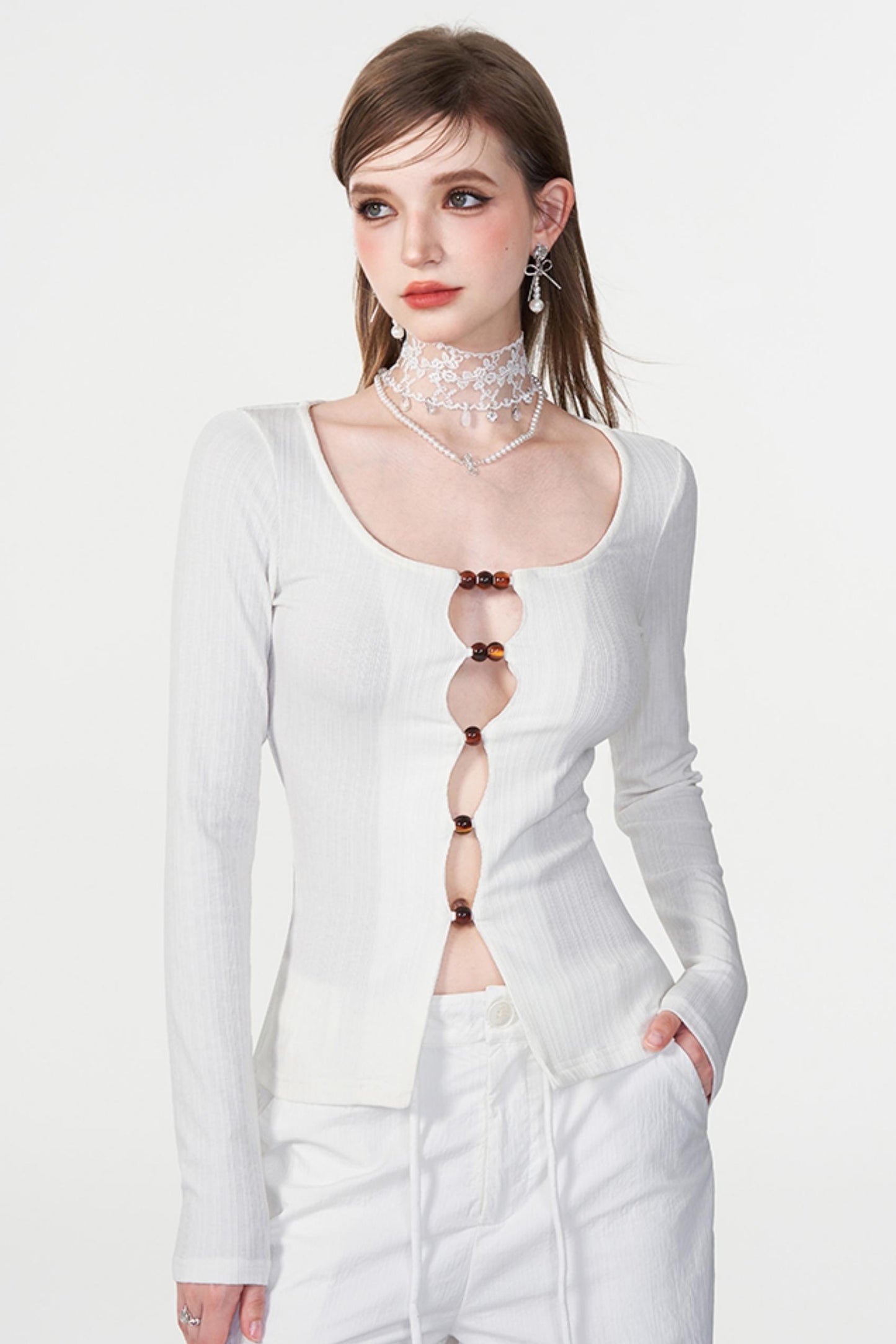 Color Beaded U-Neck Long Sleeve Tee