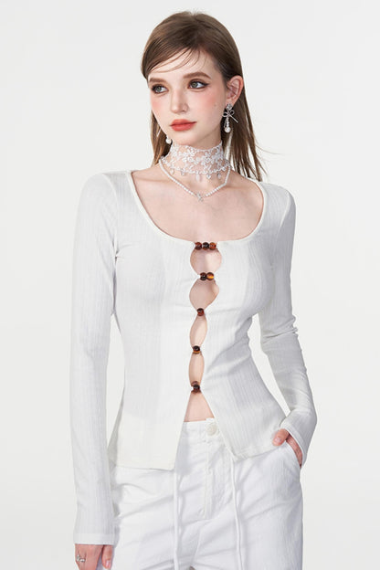 Color Beaded U-Neck Long Sleeve Tee