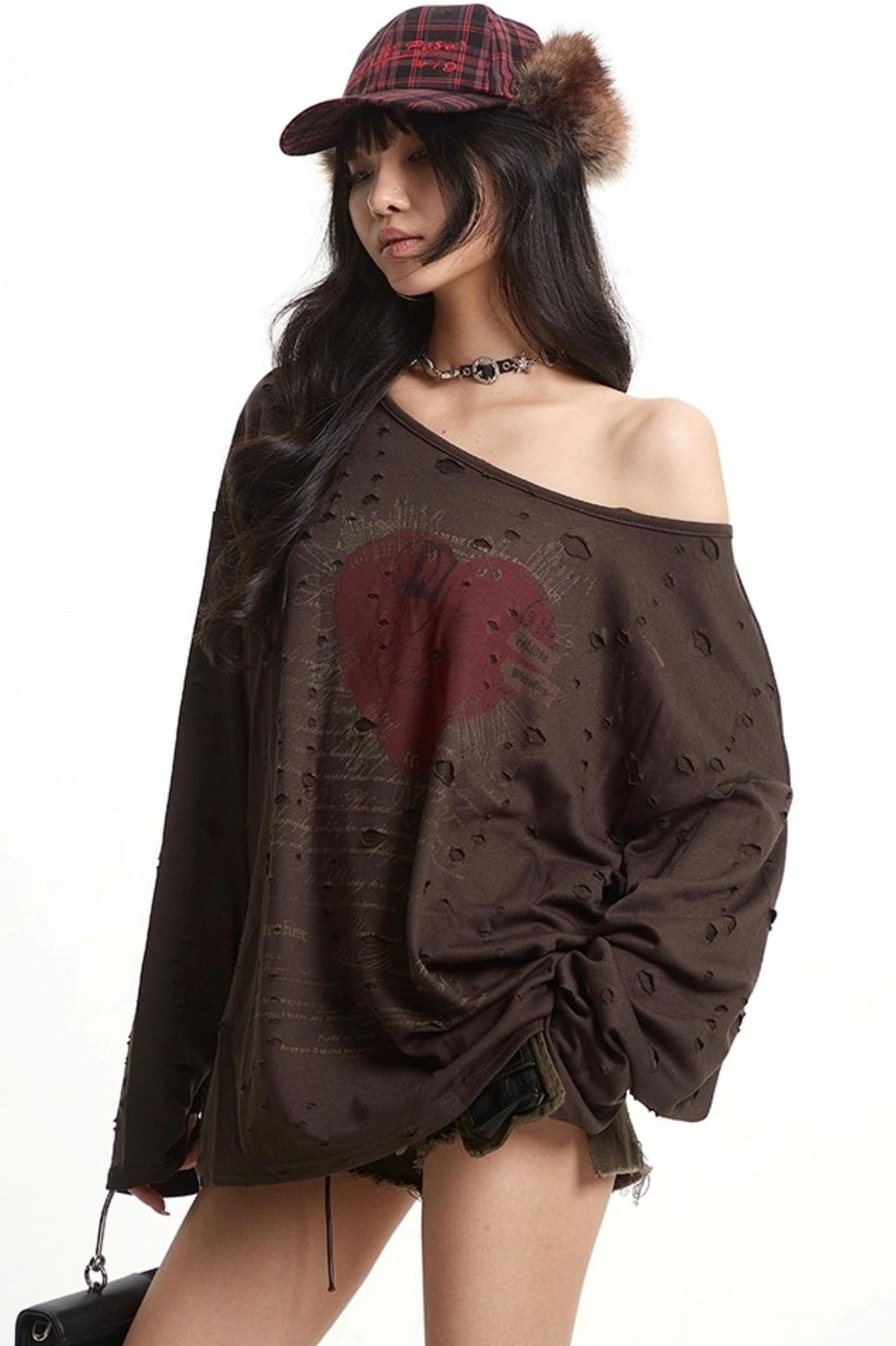 Vintage Love Print Slanted Shoulder T-Shirt