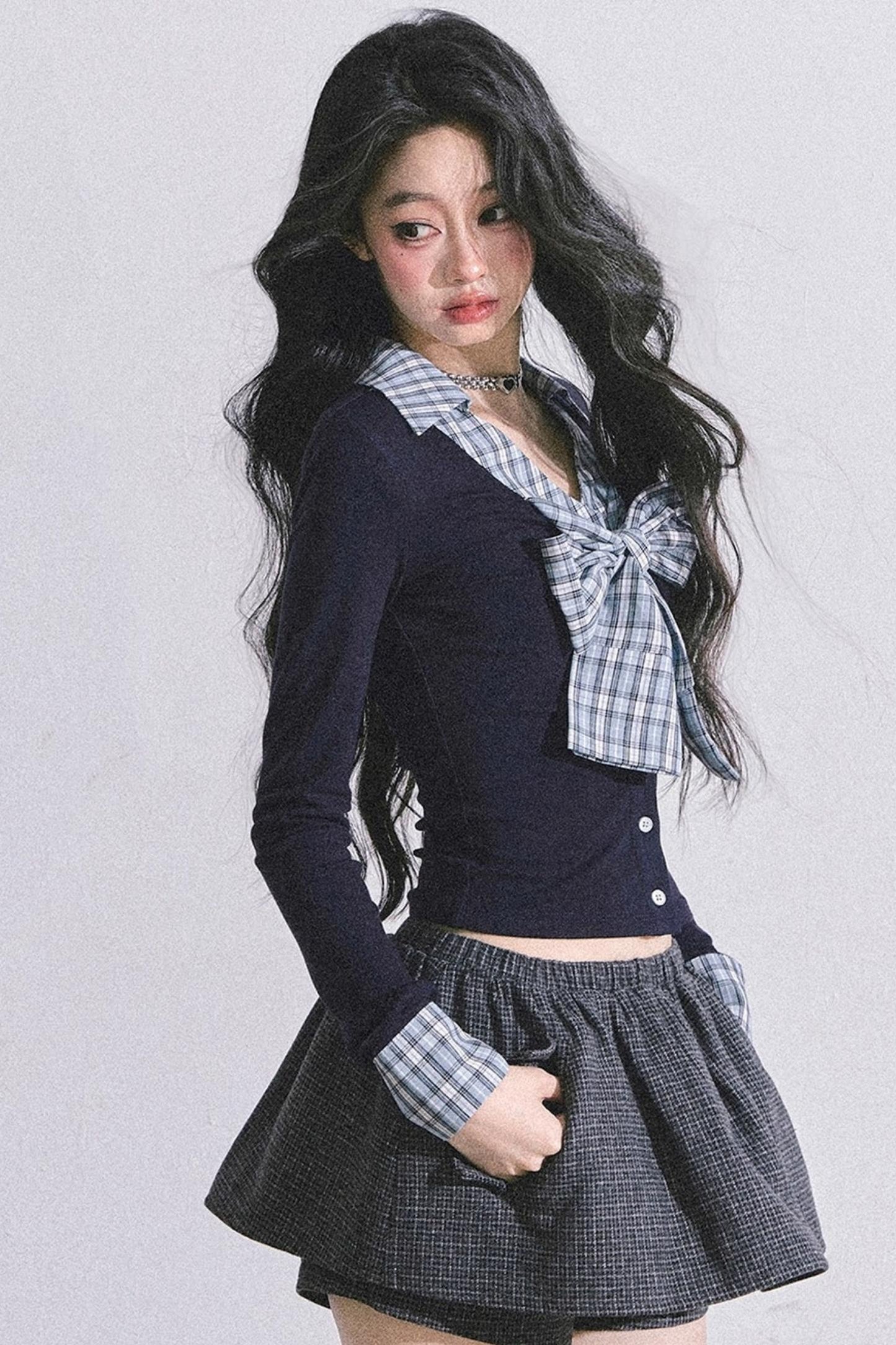 American Long-Sleeved Bow Plaid T-Shirt