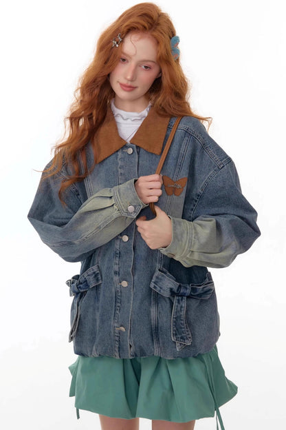 Bow Corduroy Collar Retro Denim Jacket
