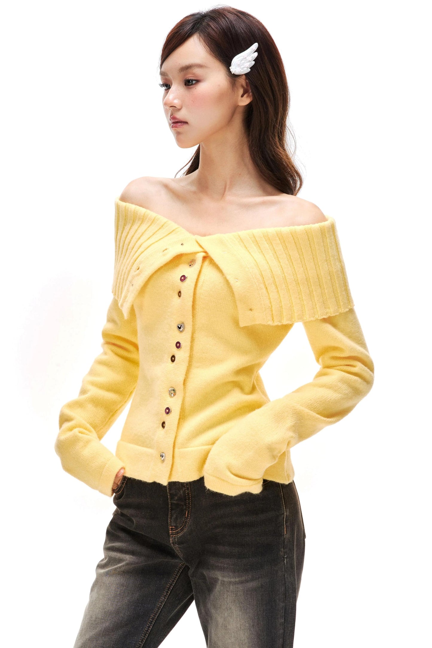 Colorful Button Off-Shoulder Knit Sweater