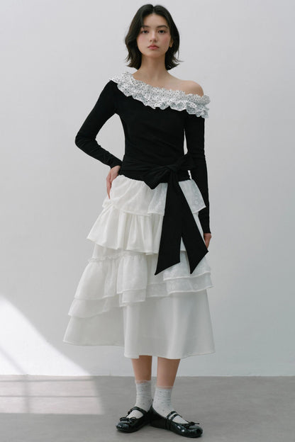 Sweet Slanted Shoulder Long-sleeved T-shirt