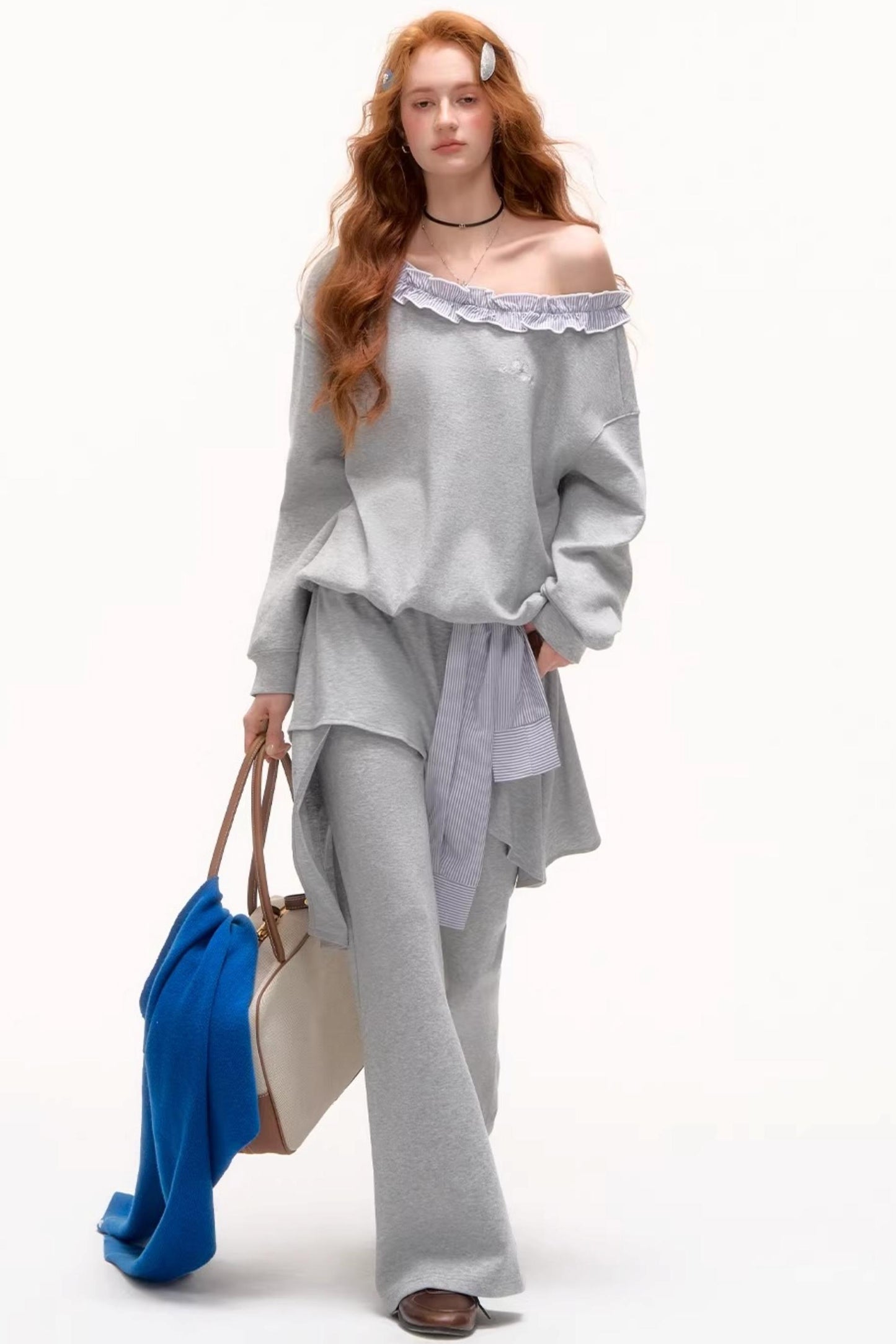 Asymmetrical Striped Ruffle Sweatshirt