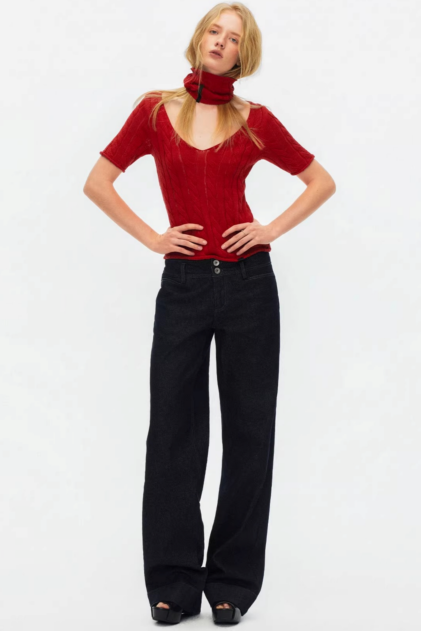 Hollow-Out Knit V-Neck Top