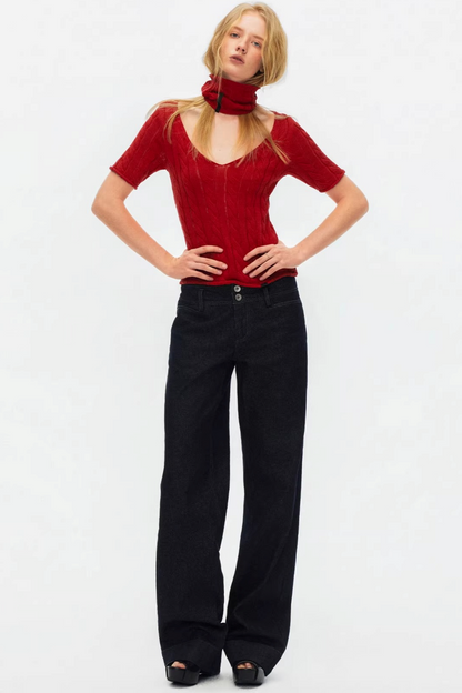 Hollow-Out Knit V-Neck Top