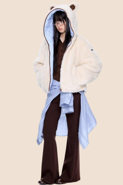 Ear-Flap Striped Faux Shearling Jacket