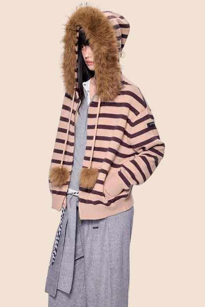 Fur Collar Striped Knit Cardigan