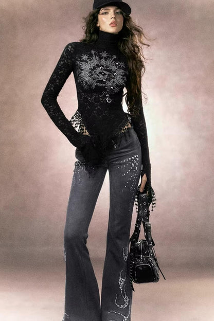 Retro Rhinestone Flared Pants