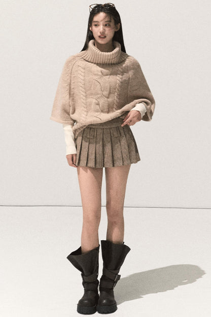Wool Twist Knit Cape Sweater Top Skirt Set-Up