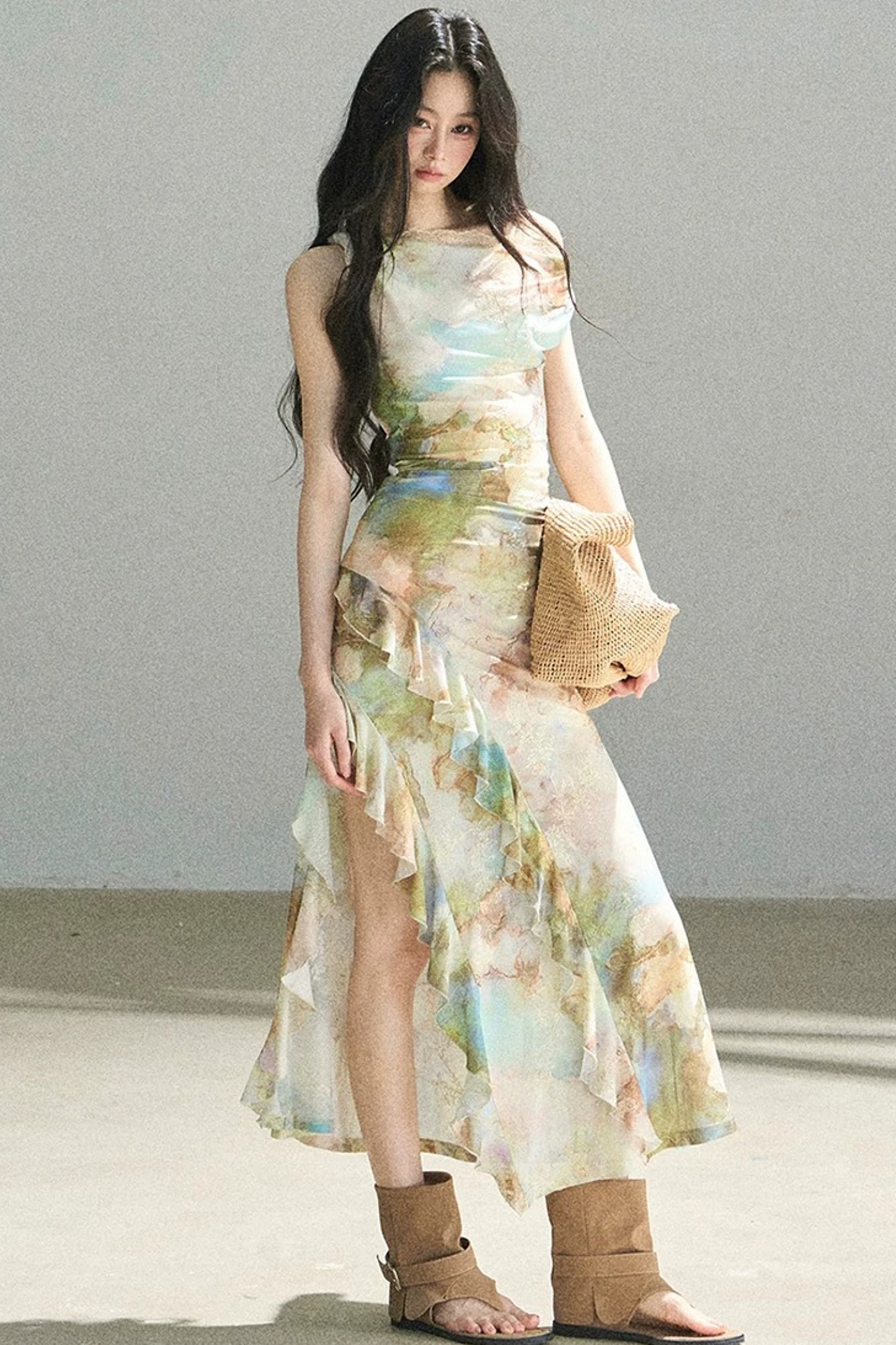 Französisches schulterfreies Kleid im Ölgemälde-Stil
