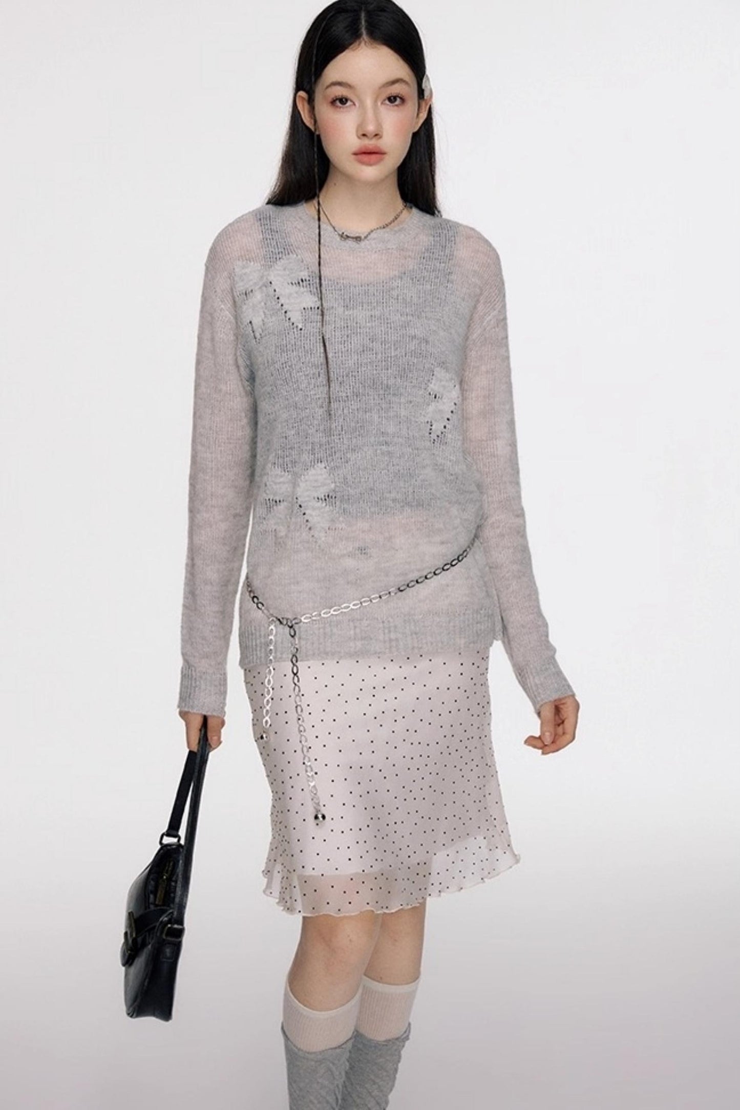 French Polka Dot A-Line Chiffon Skirt