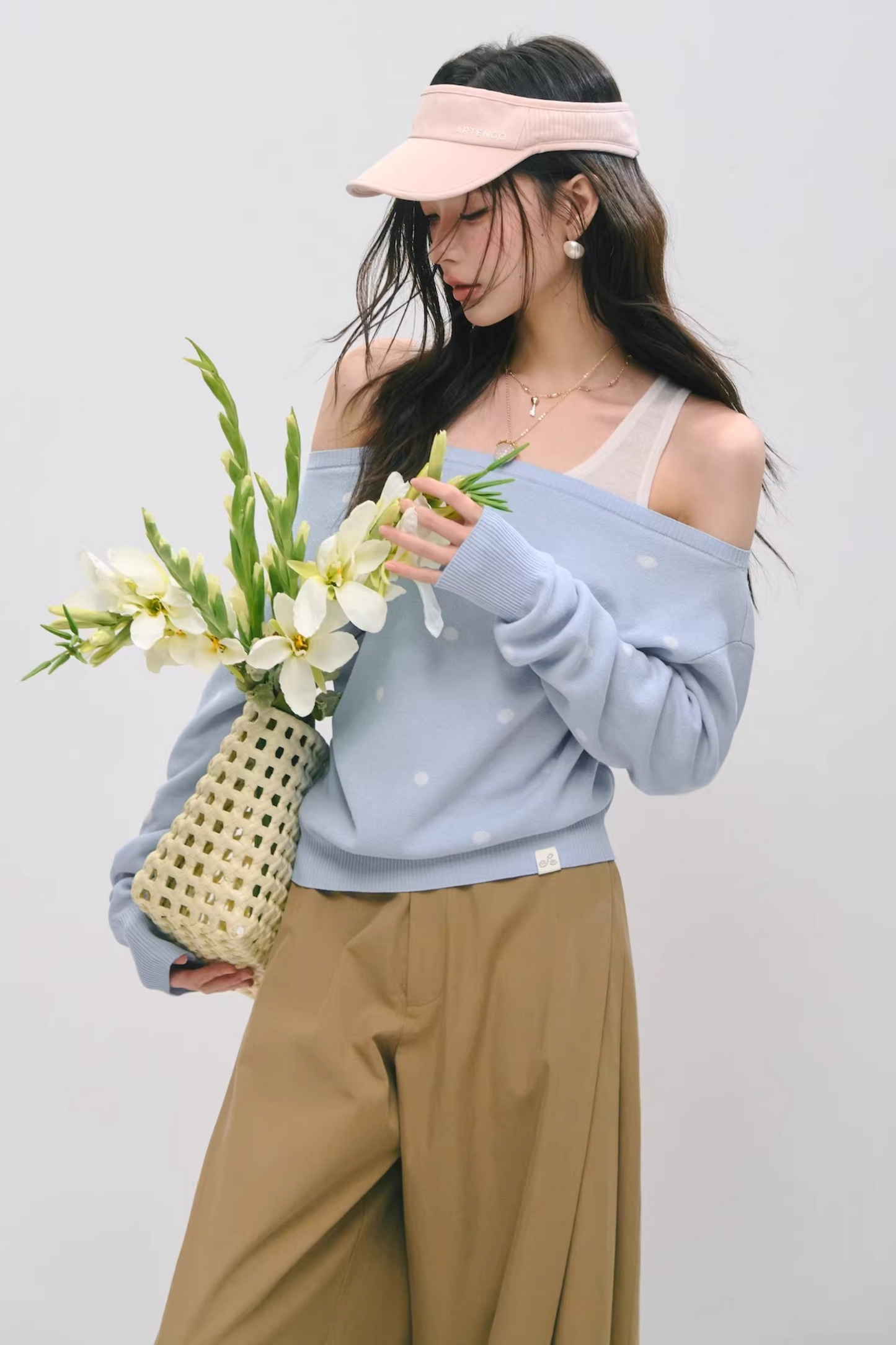 One-Shoulder Polka Dot Sweater